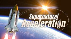 Rocket launching into space with earth in the background, emphasizing spiritual growth and divine acceleration.