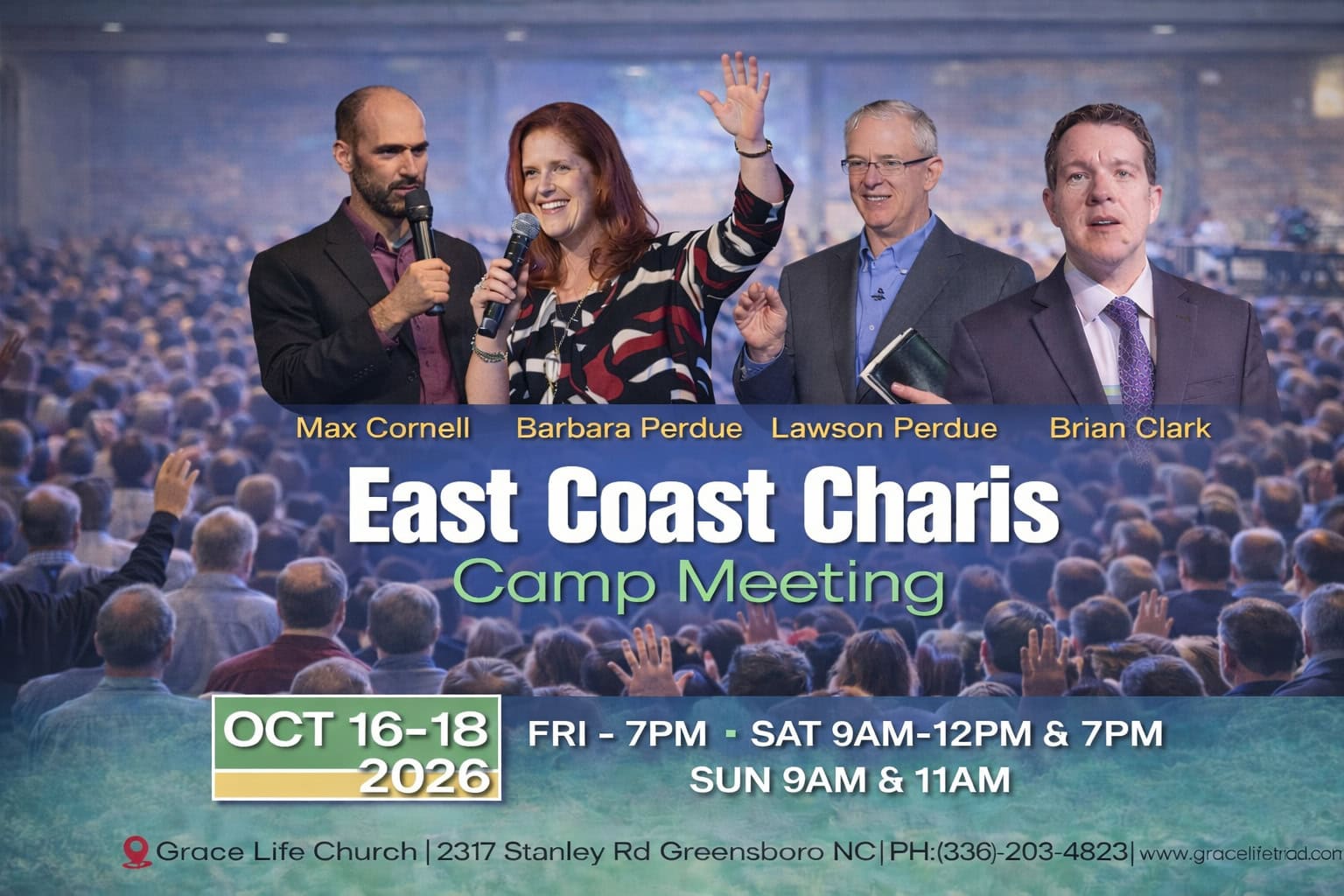 East Coast Charis Camp Meeting speakers Max Cornell, Barbara Perdue, Lawson Perdue, and Brian Clark.